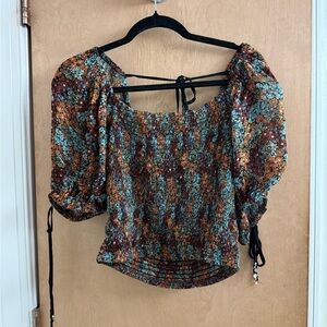 Free People Print Puff Sleeve Smocked Top NWT Sz M